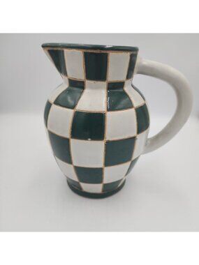 Vintage World Bazaars Green White Ceramic Checkered Pitcher Pottery 7.25"Tall
